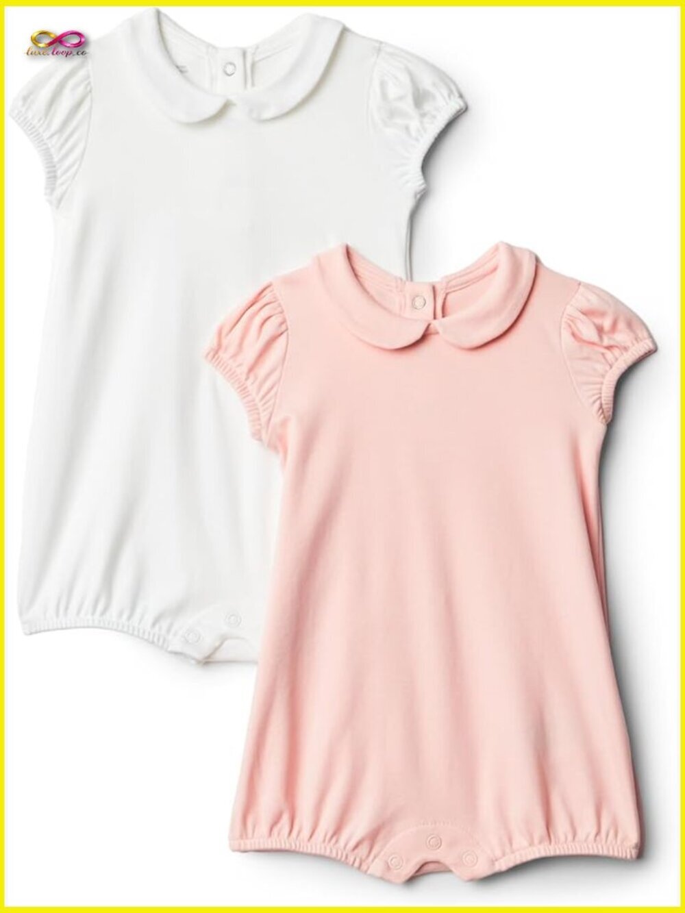 Cotton Short Sleeve Romper with Peter Pan Collar Puff Sleeves Snap Closure